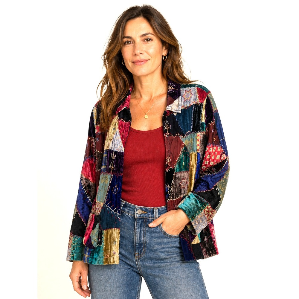 VTG CHICO'S DESIGN Patchwork Jacket Medium (Size 1) Boho Wearable Art Multi